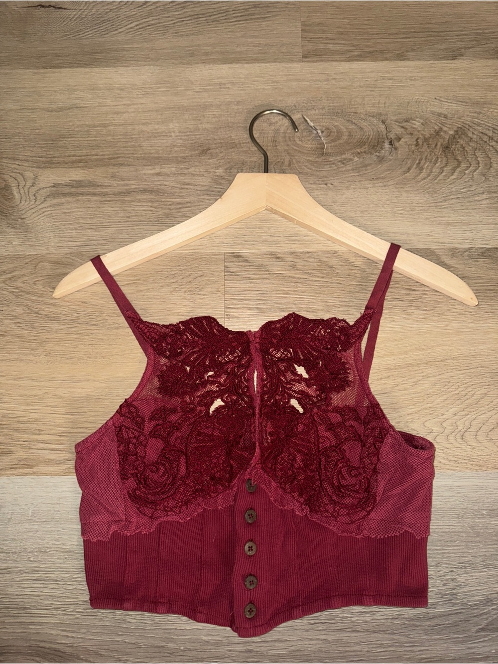 Free People Burgundy Lace Button-Front Bralette Tank